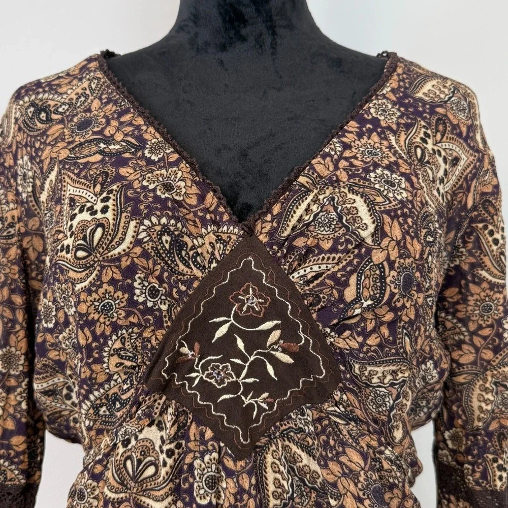 Vintage Y2K Faded Glory Paisley Bell Sleeve Top Womens M Brown Boho Fairy Grunge - Picture 3 of 7